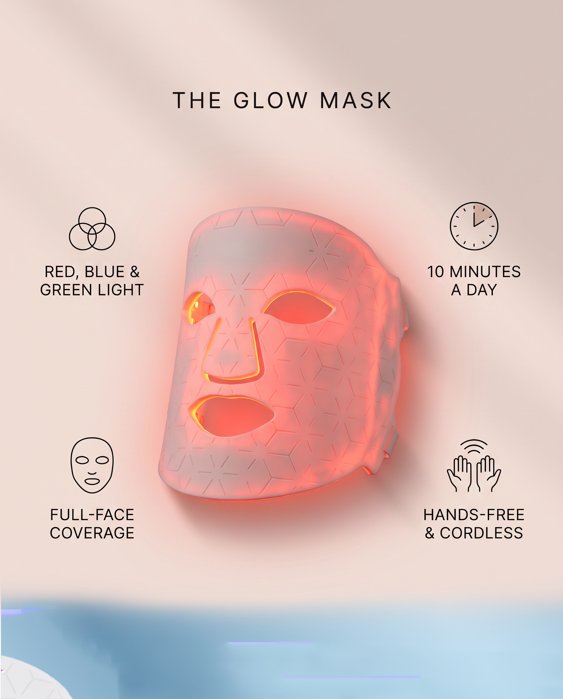 The Glow Mask LED face mask benefits: red, blue and green light, full-face coverage, hands-free and cordless