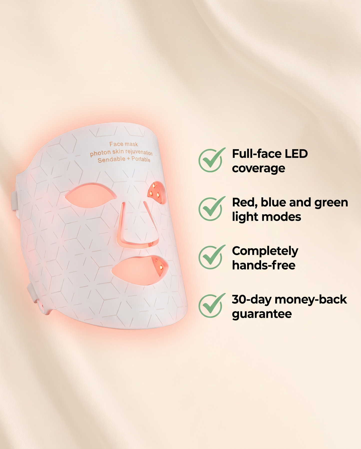 Reasons to buy the Glow Mask: full-face LED coverage, three light modes, hands-free, 30-day guarantee