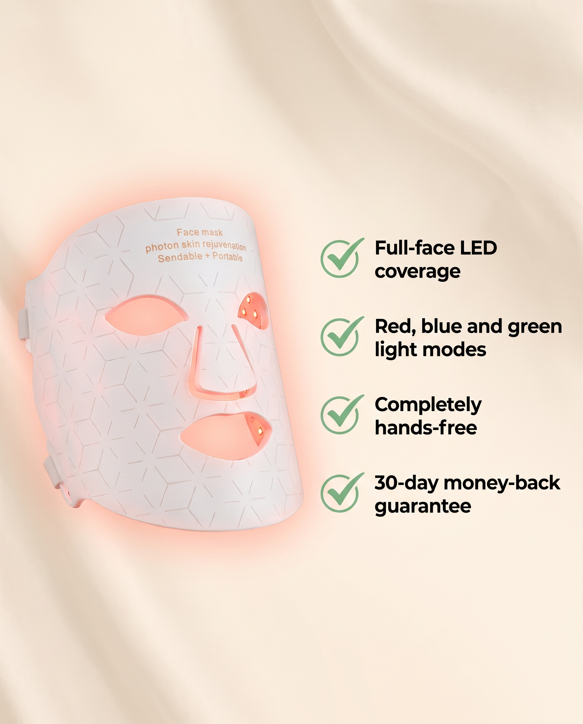 Reasons to buy the Glow Mask: full-face LED coverage, three light modes, hands-free, 30-day guarantee