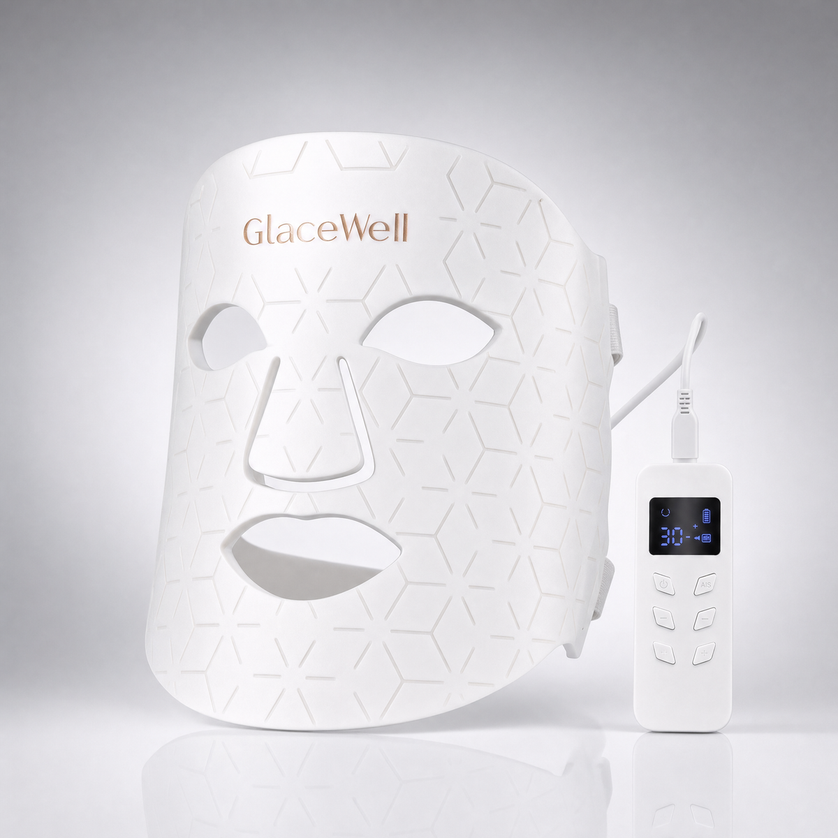 The Glow Mask LED face mask shown with its handheld controller