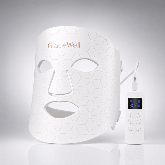 The Glow Mask LED face mask shown with its handheld controller