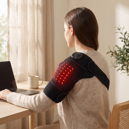 The Recovery Pad wrapped around a shoulder while working at a desk