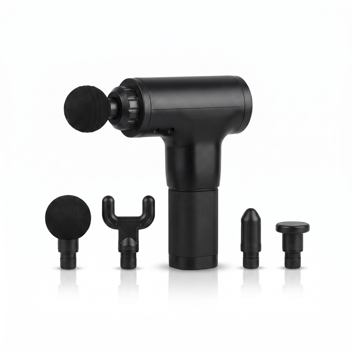 The Recovery Gun Pro deep-tissue massager with four heads on a white background