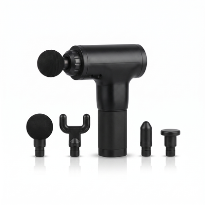 The Recovery Gun Pro deep-tissue massager with four heads on a white background