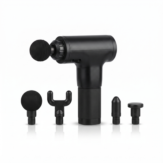 The Recovery Gun Pro deep-tissue massager with four heads on a white background